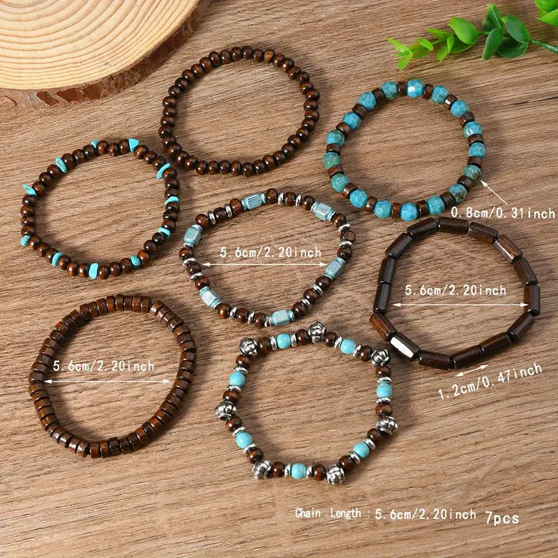 7Pcs Bohemian Retro Unisex Bracelet Set | Handmade Coconut Shell & Wood Beads with Turquoise Accents | Perfect for Daily Wear & Gift