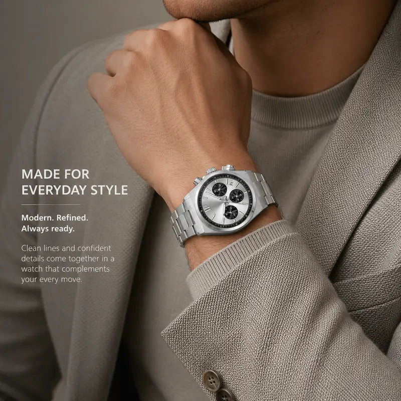 Men's Casual Business Analog Chronograph Watch, Classic Stainless Steel Metal Band, Quartz Movement, Analog Face, Round Shape, Mineral Glass, Calendar Date Display, 30M-50M Water Resistant, Clasp Closure