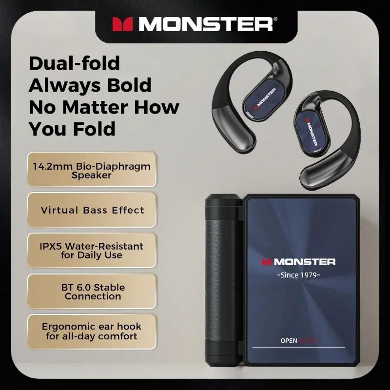 Monster Noise Cancelling Wireless Earbuds - Open-Ear Dual-Fold Bluetooth 6.0 Headset with Mic, 165H Battery, Touch Control, Sweatproof, for Gym, Outdoor Activities, Unique Gifts for Men
