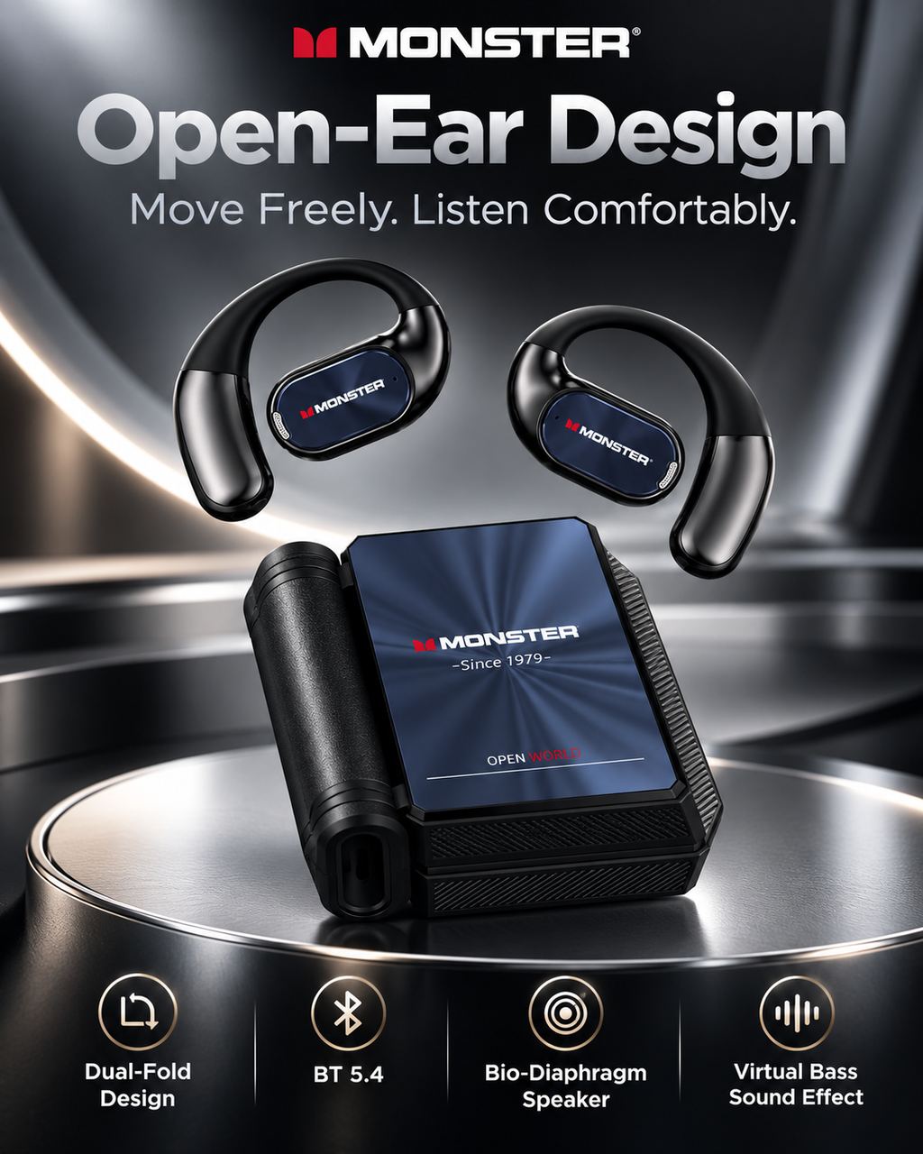 Monster Noise Cancelling Wireless Earbuds - Open-Ear Dual-Fold Bluetooth 6.0 Headset with Mic, 165H Battery, Touch Control, Sweatproof, for Gym, Outdoor Activities, Unique Gifts for Men