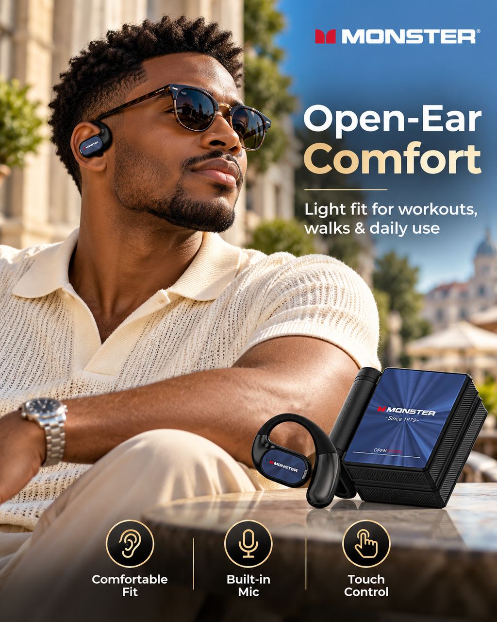 Monster Noise Cancelling Wireless Earbuds - Open-Ear Dual-Fold Bluetooth 6.0 Headset with Mic, 165H Battery, Touch Control, Sweatproof, for Gym, Outdoor Activities, Unique Gifts for Men