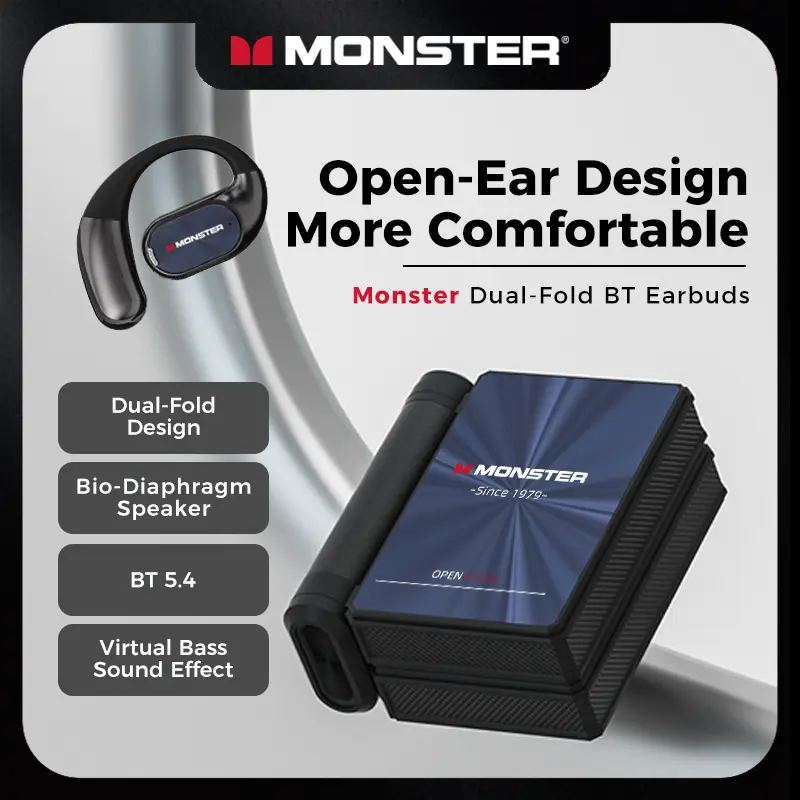 Monster Noise Cancelling Wireless Earbuds - Open-Ear Dual-Fold Bluetooth 6.0 Headset with Mic, 165H Battery, Touch Control, Sweatproof, for Gym, Outdoor Activities, Unique Gifts for Men