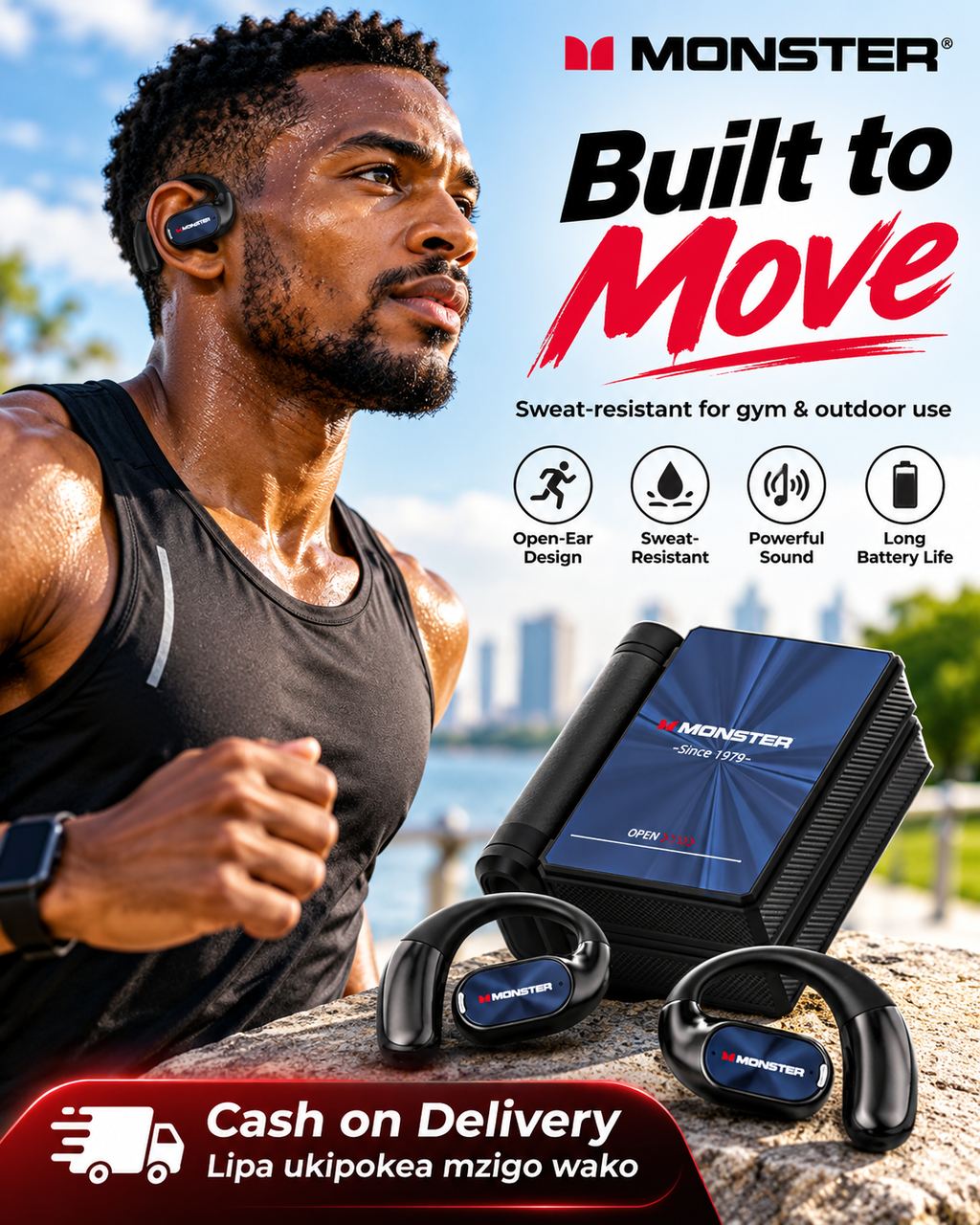 Monster Noise Cancelling Wireless Earbuds - Open-Ear Dual-Fold Bluetooth 6.0 Headset with Mic, 165H Battery, Touch Control, Sweatproof, for Gym, Outdoor Activities, Unique Gifts for Men