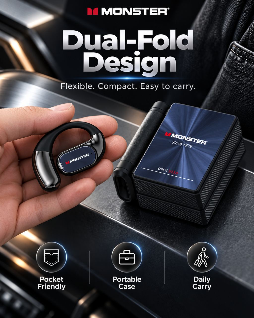 Monster Noise Cancelling Wireless Earbuds - Open-Ear Dual-Fold Bluetooth 6.0 Headset with Mic, 165H Battery, Touch Control, Sweatproof, for Gym, Outdoor Activities, Unique Gifts for Men