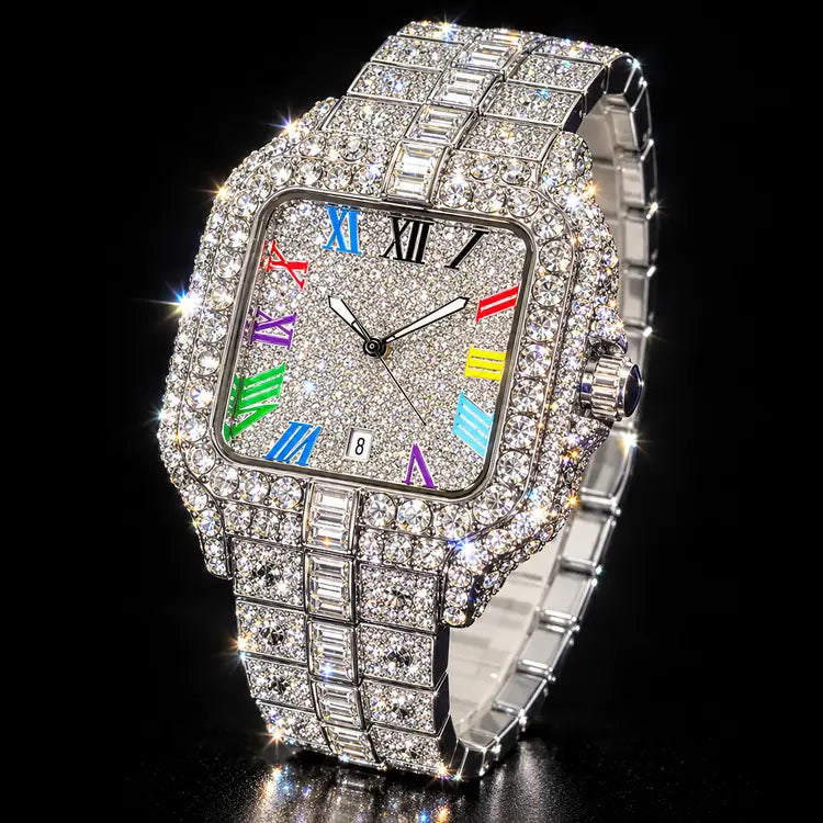 Men's Rhinestone Decorated Square Dial Quartz Watch, Stainless Steel Wristwatch, Rhinestone Embellished Watch