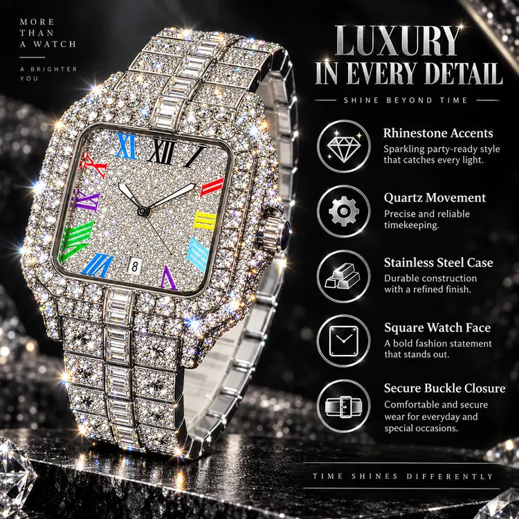 Men's Rhinestone Decorated Square Dial Quartz Watch, Stainless Steel Wristwatch, Rhinestone Embellished Watch