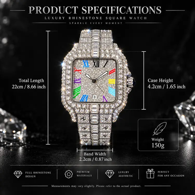 Men's Rhinestone Decorated Square Dial Quartz Watch, Stainless Steel Wristwatch, Rhinestone Embellished Watch