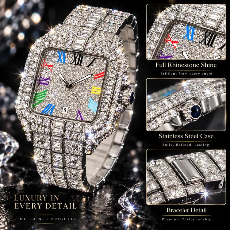 Men's Rhinestone Decorated Square Dial Quartz Watch, Stainless Steel Wristwatch, Rhinestone Embellished Watch