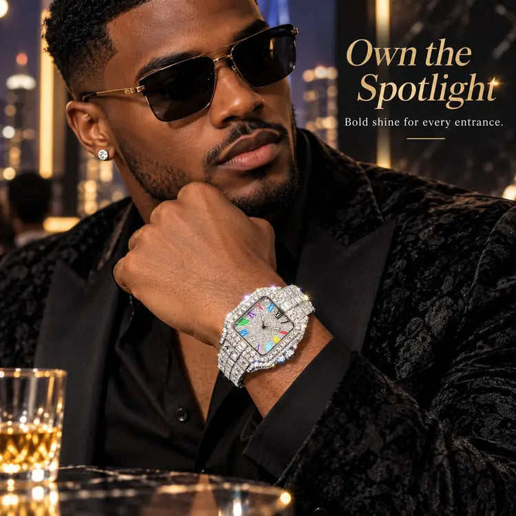 Men's Rhinestone Decorated Square Dial Quartz Watch, Stainless Steel Wristwatch, Rhinestone Embellished Watch