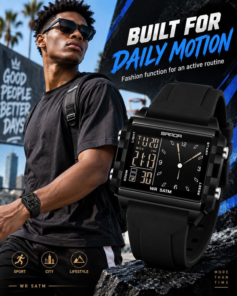 Unisex Analog-Digital Fashion Watch, Waterproof Luminous Multi-Function Youth Style Watch with Countdown Timer, Perfect for Casual Wear