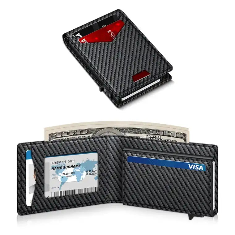 Men's RFID Minimalist Bifold Wallet – Slim ID Window, Pop-Up Card Holder & Money Clip
