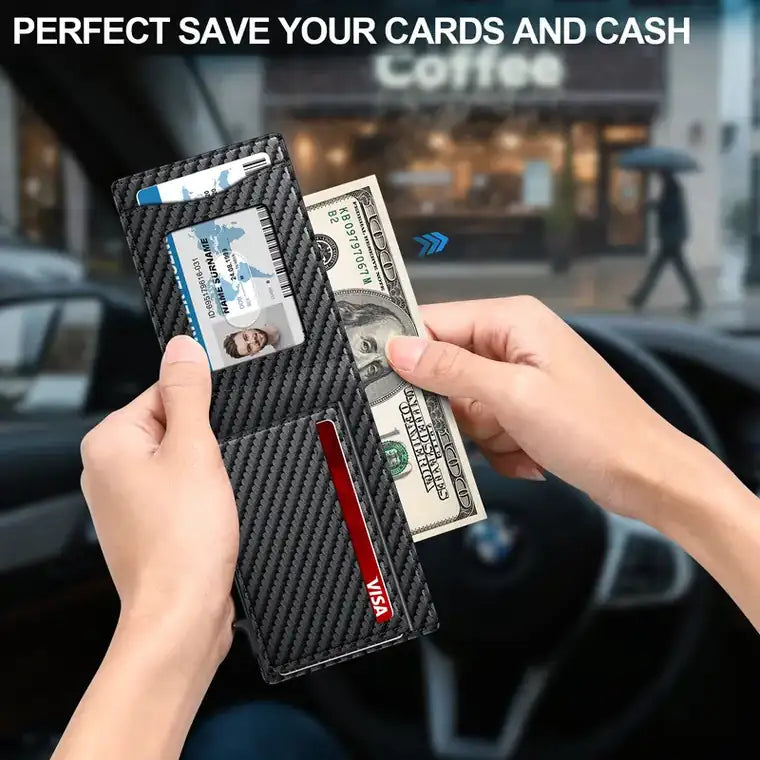 Men's RFID Minimalist Bifold Wallet – Slim ID Window, Pop-Up Card Holder & Money Clip