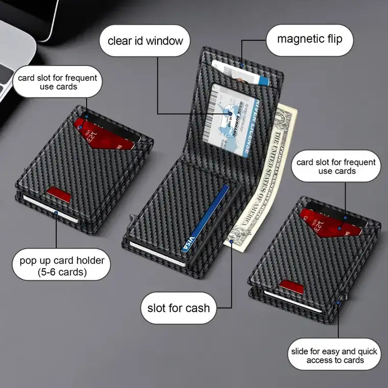 Men's RFID Minimalist Bifold Wallet – Slim ID Window, Pop-Up Card Holder & Money Clip