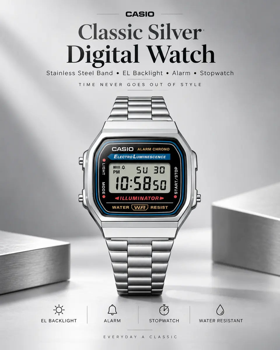 A168W-1 Stainless Steel Digital Watch - EL Backlight, Alarm & Stopwatch | Saa ya Dijitali ya Chuma Cha Pua Imara kwa Wanaume
