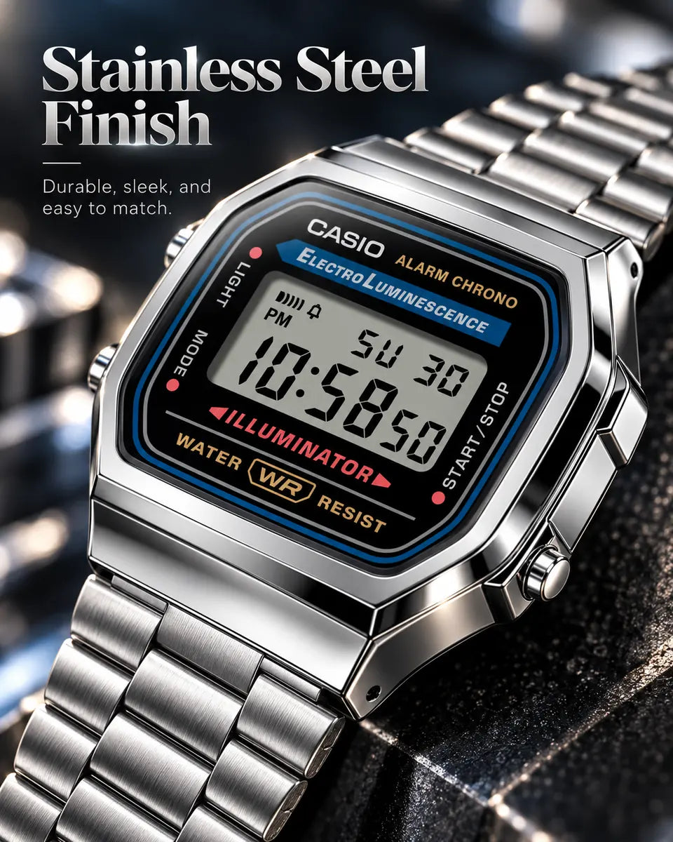 A168W-1 Stainless Steel Digital Watch - EL Backlight, Alarm & Stopwatch | Saa ya Dijitali ya Chuma Cha Pua Imara kwa Wanaume