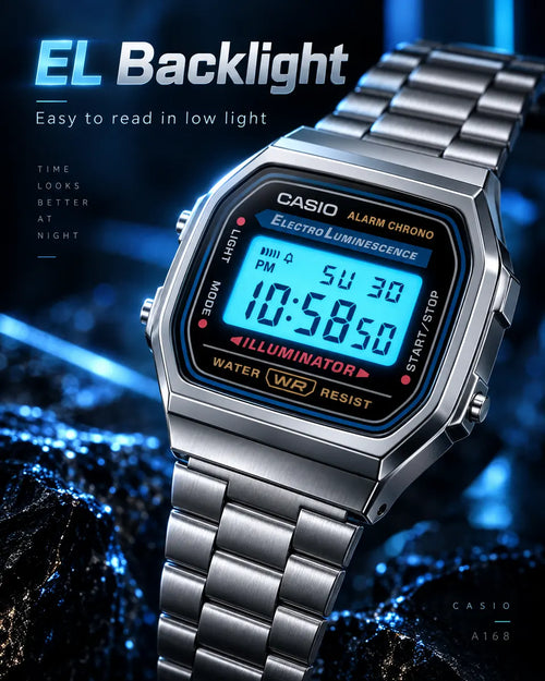 A168W-1 Stainless Steel Digital Watch - EL Backlight, Alarm & Stopwatch | Saa ya Dijitali ya Chuma Cha Pua Imara kwa Wanaume
